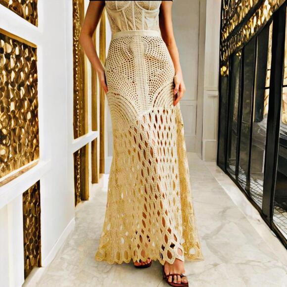 Dresses & Skirts - NWT Elegant Euro | SZ S | Knotted Crochet Lace Gold Metallic A-Line Maxi Skirt